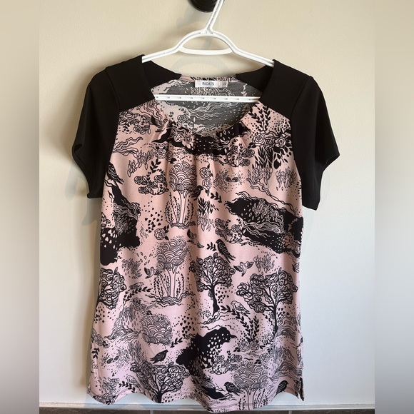 Ricki’s woman’s blouse pullover top polyester spandex pink birds flowers tree - Picture 1 of 9